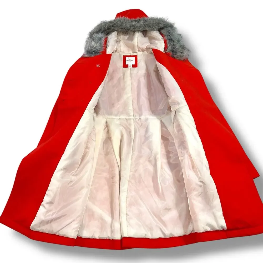 Cat & Jack Girls Dress Coat Jacket Faux Fur Hood Double Breasted Knee Length Red